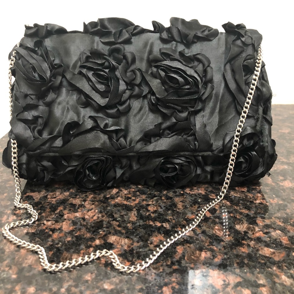 Betsy Johnson Black Ribbon Rose Cocktail Bag With Chain Strap